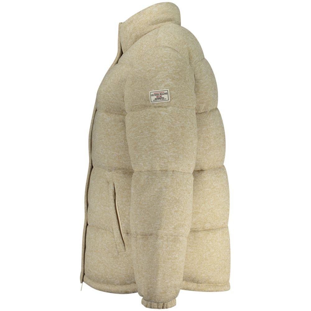 Guess Jeans beige women's polyester jacket with a classic design, featuring a collar and front zipper.