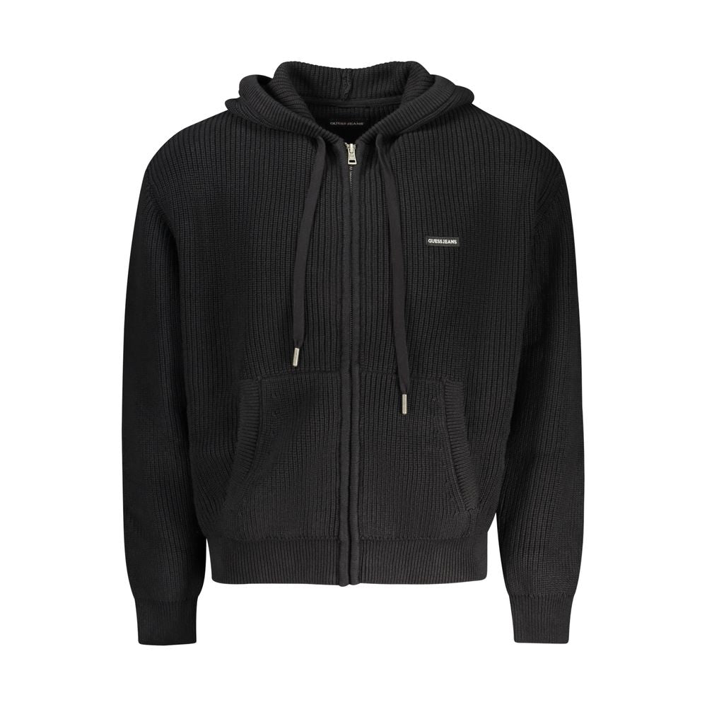 Black organic cotton men's cardigan by Guess Jeans, featuring a button-up style and classic fit, shown on a neutral background.