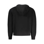 Guess Jeans black organic cotton men's cardigan displayed on a hanger with front buttons and ribbed cuffs.