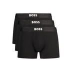 Hugo Boss black cotton men's boxer shorts with elastic waistband and brand logo, shown laid flat.