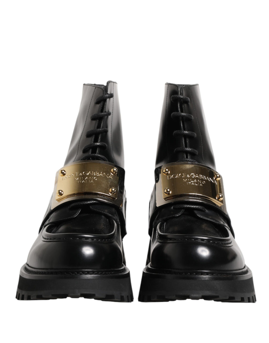 Dolce & Gabbana Black Leather DG Plaque Lace Up Boots Shoes - Eljoys Fashion 