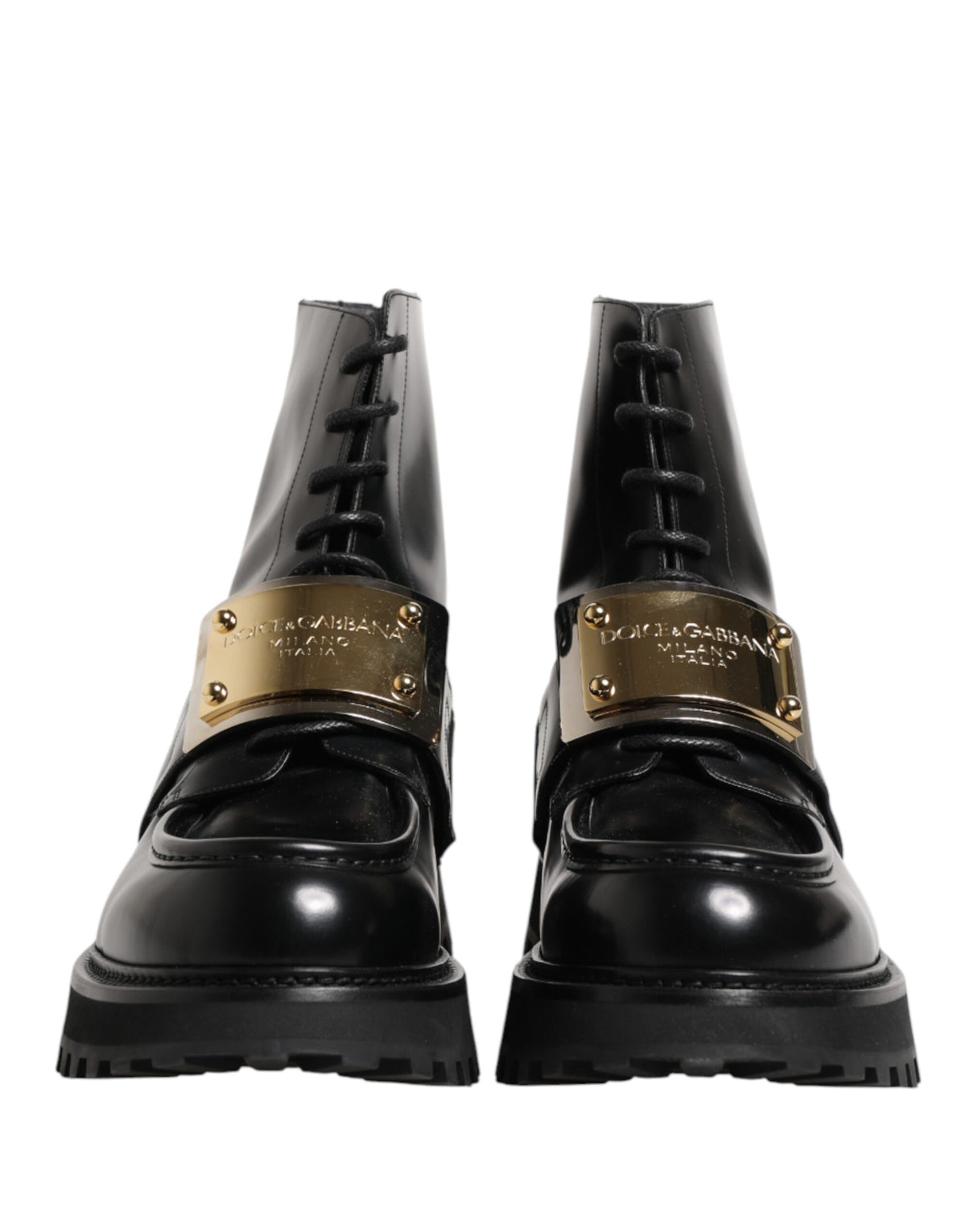 Dolce & Gabbana Black Leather DG Plaque Lace Up Boots Shoes - Eljoys Fashion 