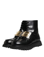 Dolce & Gabbana Black Leather DG Plaque Lace Up Boots Shoes - Eljoys Fashion 