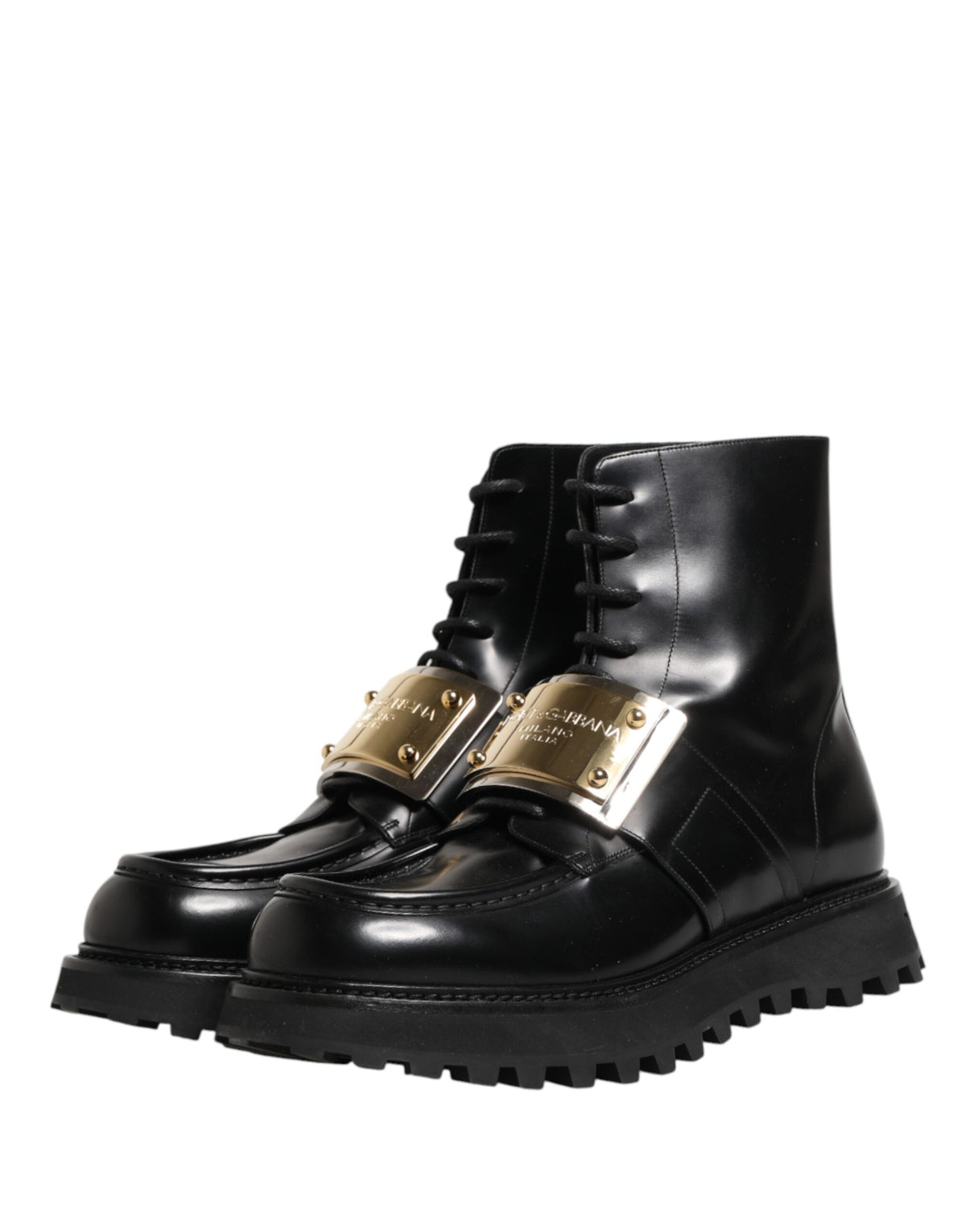 Dolce & Gabbana Black Leather DG Plaque Lace Up Boots Shoes - Eljoys Fashion 