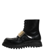 Dolce & Gabbana Black Leather DG Plaque Lace Up Boots Shoes - Eljoys Fashion 