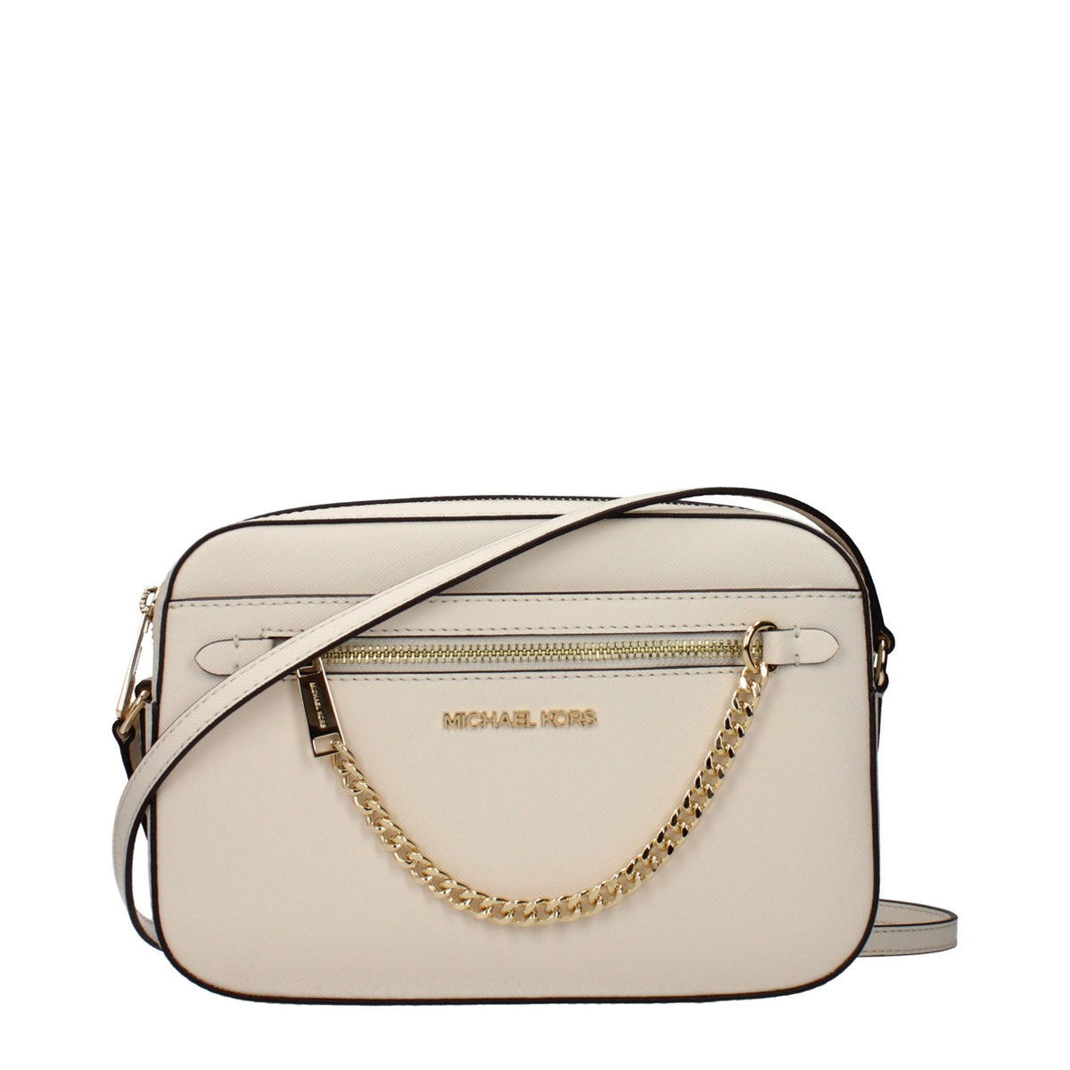 Michael Kors beige leather crossbody bag with adjustable strap and gold-tone hardware, featuring a sleek, minimalist design.