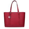 Michael Kors red leather shoulder bag with gold-tone hardware, featuring a sleek design and adjustable strap.