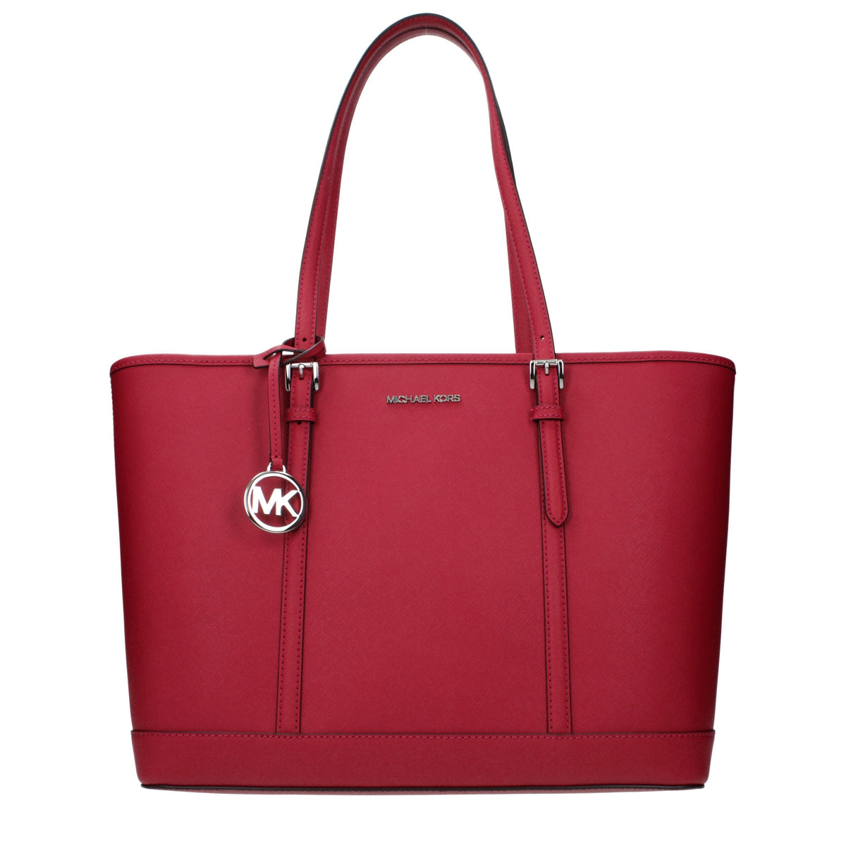 Michael Kors red leather shoulder bag with gold-tone hardware, featuring a sleek design and adjustable strap.