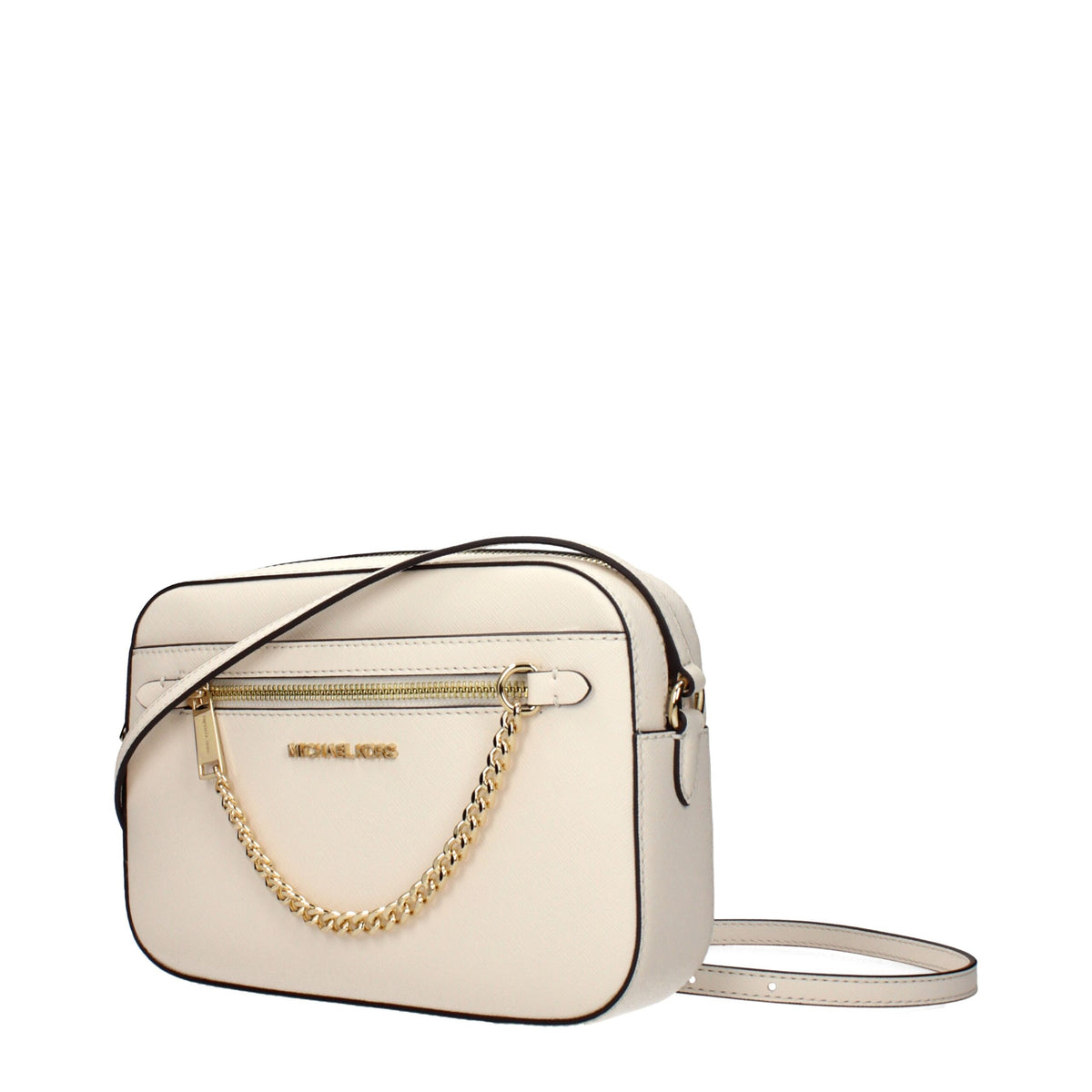 Michael Kors beige leather crossbody bag with gold-tone hardware and adjustable strap, stylish accessory for casual or formal wear.