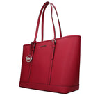 Red leather shoulder bag by Michael Kors with gold-tone hardware and adjustable strap, stylish accessory for everyday or evening wear.