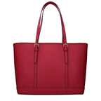 Red leather Michael Kors shoulder bag with gold-tone hardware and adjustable strap, stylish and spacious for everyday use.
