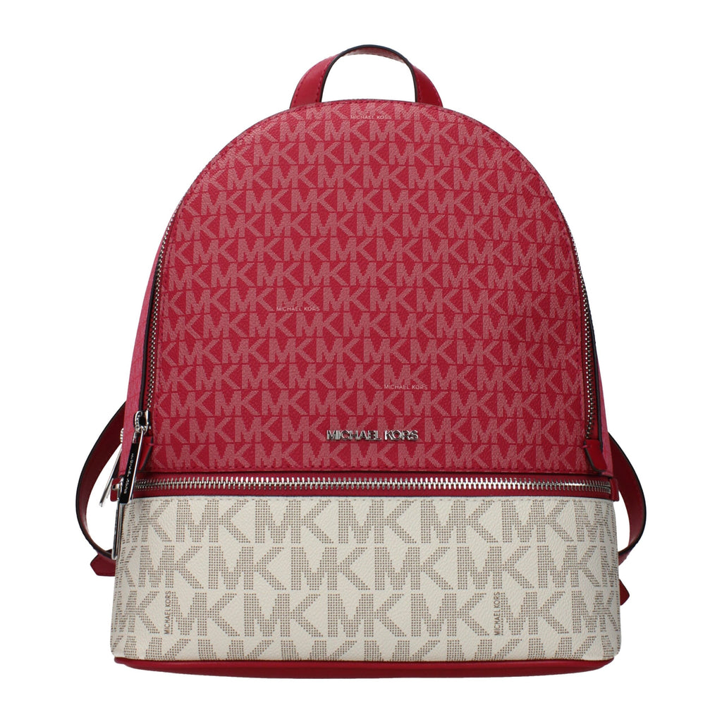 Michael Kors beige fabric backpack with adjustable straps, front zip pocket, and logo detail for casual everyday use.