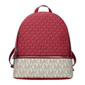 Michael Kors beige fabric backpack with adjustable straps, front zip pocket, and logo detail for casual everyday use.
