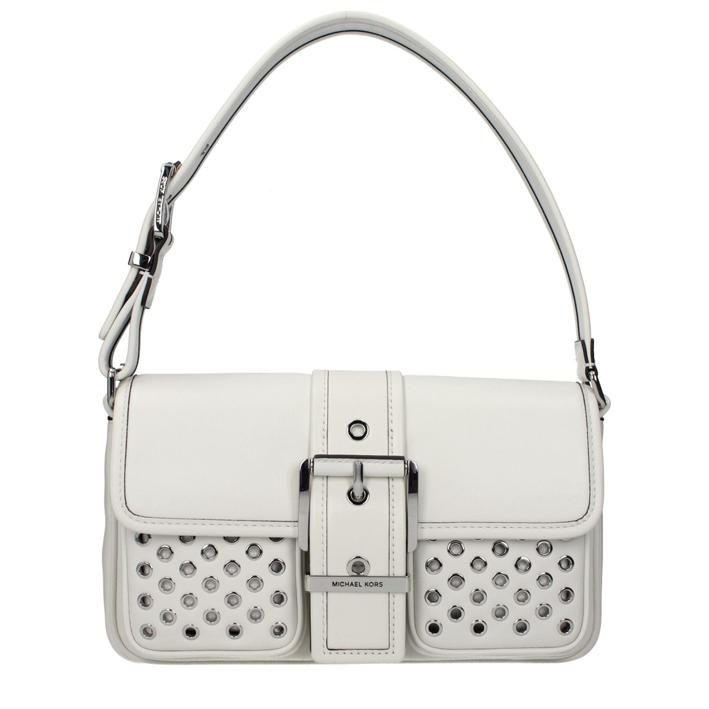 Michael Kors white leather shoulder bag with gold-tone hardware, featuring a sleek design and adjustable strap.