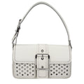 Michael Kors white leather shoulder bag with gold-tone hardware, featuring a sleek design and adjustable strap.