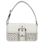 Michael Kors white leather shoulder bag with gold-tone hardware, featuring a sleek design and adjustable strap.