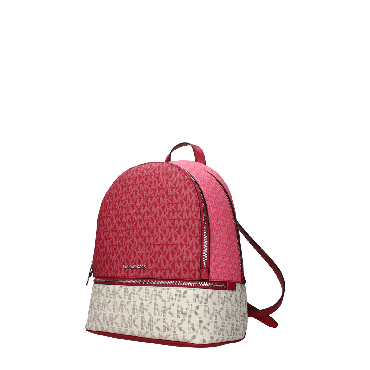 Michael Kors beige fabric backpack with adjustable straps and front pocket, stylish and functional for everyday use.