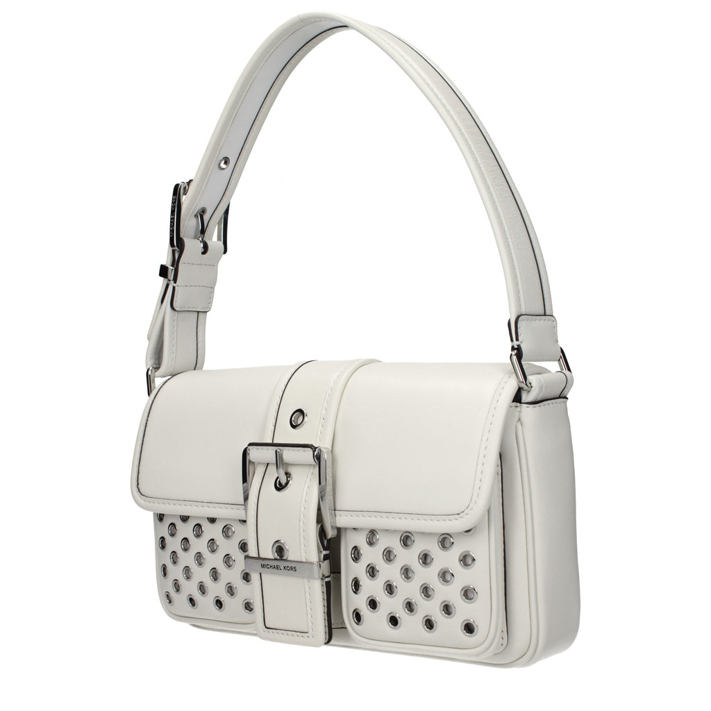 Michael Kors white leather shoulder bag with gold-tone hardware, featuring a sleek design and adjustable strap.