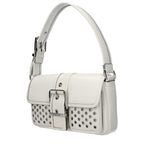 Michael Kors white leather shoulder bag with gold-tone hardware, featuring a sleek design and adjustable strap.