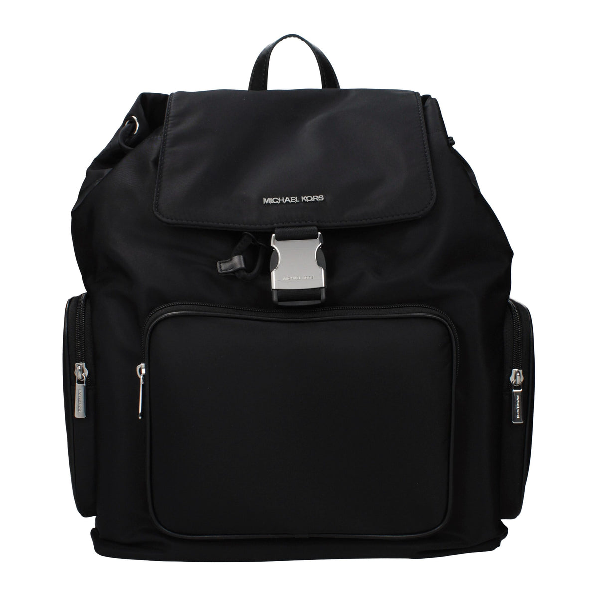 Black fabric Michael Kors backpack with adjustable straps, front zip pocket, and logo detail, designed for stylish everyday use.