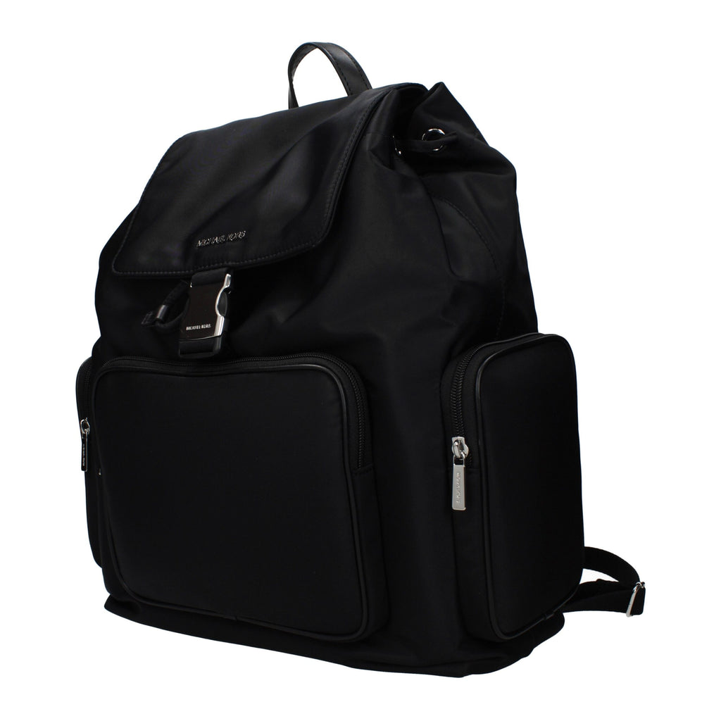 Michael Kors black fabric backpack with adjustable straps and front zip pocket, stylish and functional for daily use.