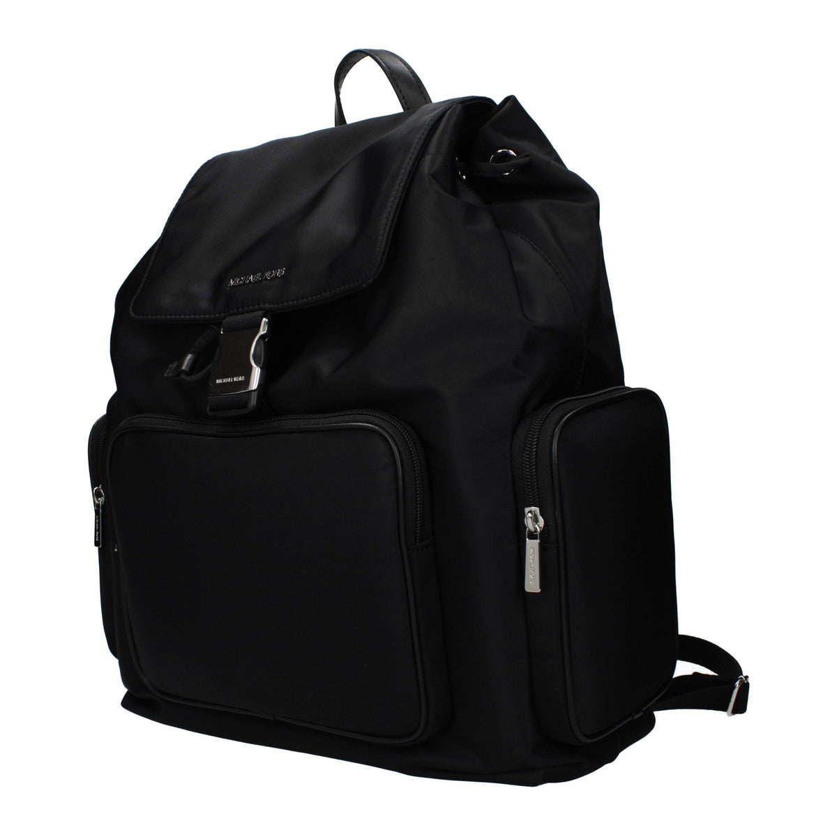 Michael Kors black fabric backpack with adjustable straps and front zip pocket, stylish and functional for daily use.
