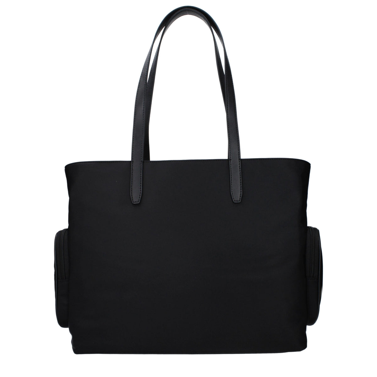 Black fabric shoulder bag by Michael Kors with silver hardware and adjustable strap, featuring sleek, modern design.