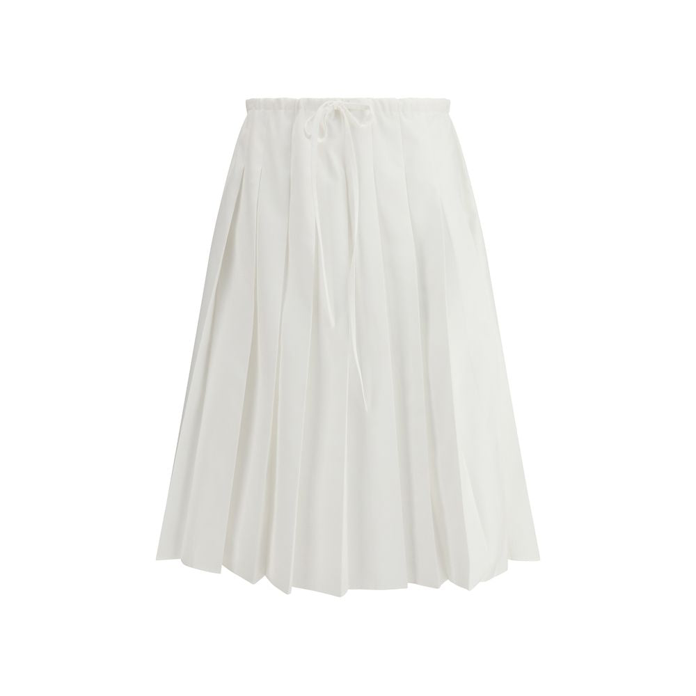 Prada white cotton long skirt displayed flat with a smooth, flowing design and subtle stitching details.