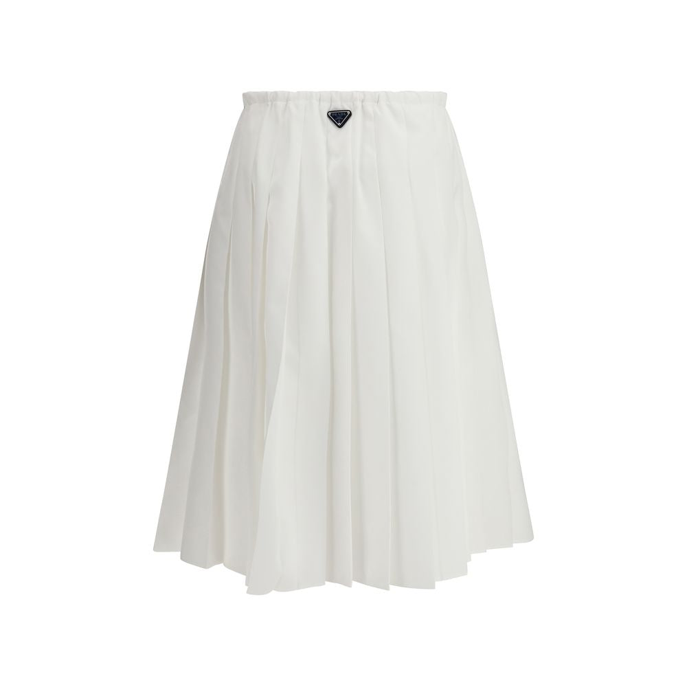 Prada white cotton long skirt with a flowing design, featuring a high waist and elegant, minimalist style.