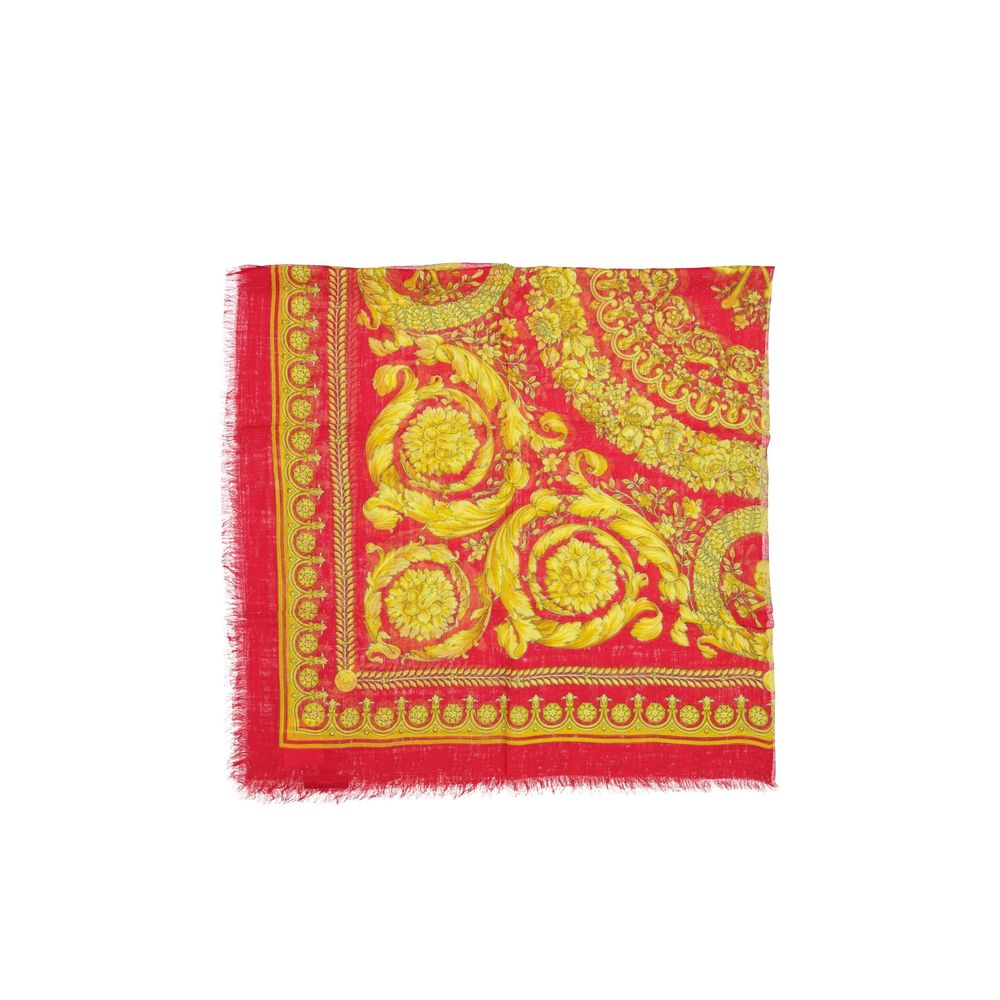 Versace red modal scarf featuring elegant draped fabric with intricate patterns and luxurious texture.