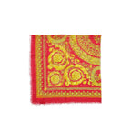 Versace red modal scarf featuring elegant draped fabric with intricate patterns and luxurious texture.