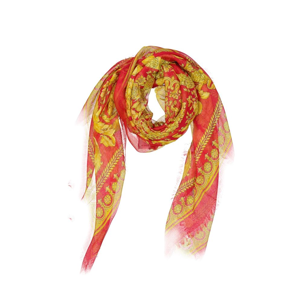 Versace red modal scarf with intricate patterns, lightweight and soft fabric, styled for elegant accessories.