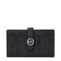 Black fabric wallet by Michael Kors with multiple card slots and zip coin pocket, shown open with interior compartments visible.
