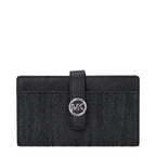 Black fabric wallet by Michael Kors with multiple card slots and zip coin pocket, shown open with interior compartments visible.
