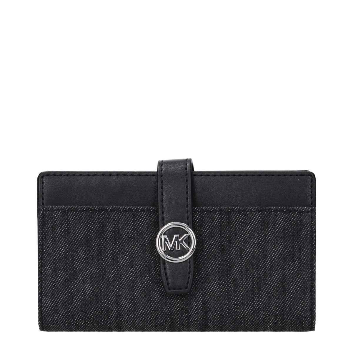 Black fabric wallet by Michael Kors with multiple card slots and zip coin pocket, shown open with interior compartments visible.
