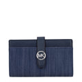 Blue fabric Michael Kors wallet with multiple card slots and a sleek, compact design for stylish everyday use.