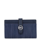 Blue fabric Michael Kors wallet with multiple card slots and a sleek, compact design for stylish everyday use.