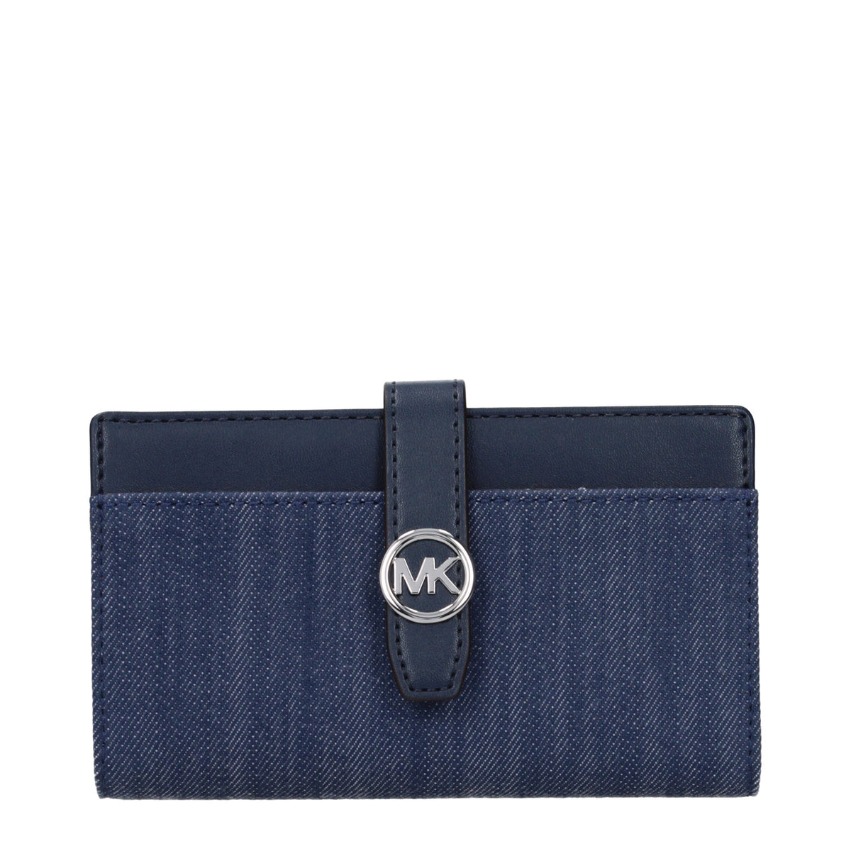 Blue fabric Michael Kors wallet with multiple card slots and a sleek, compact design for stylish everyday use.