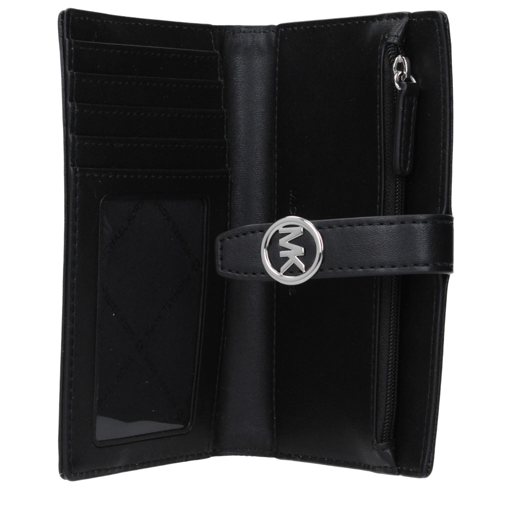 Black fabric Michael Kors wallet with multiple card slots and a sleek design.