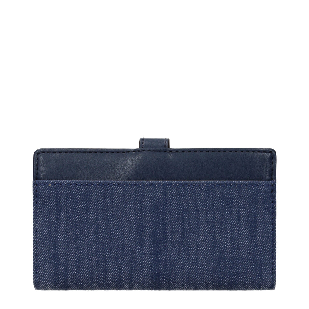 Blue fabric Michael Kors wallet with multiple card slots and a zip coin pocket, featuring a sleek and stylish design.