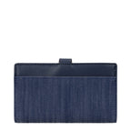 Blue fabric Michael Kors wallet with multiple card slots and a zip coin pocket, featuring a sleek and stylish design.