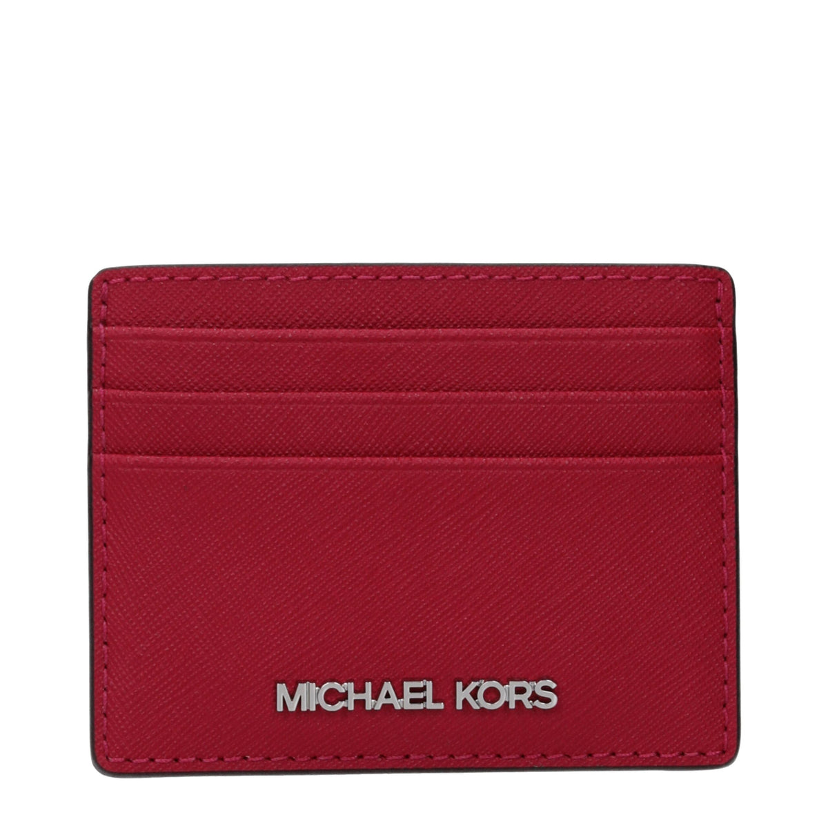 Michael Kors red leather cardholder with multiple card slots and sleek design, featuring the brand logo on the front.