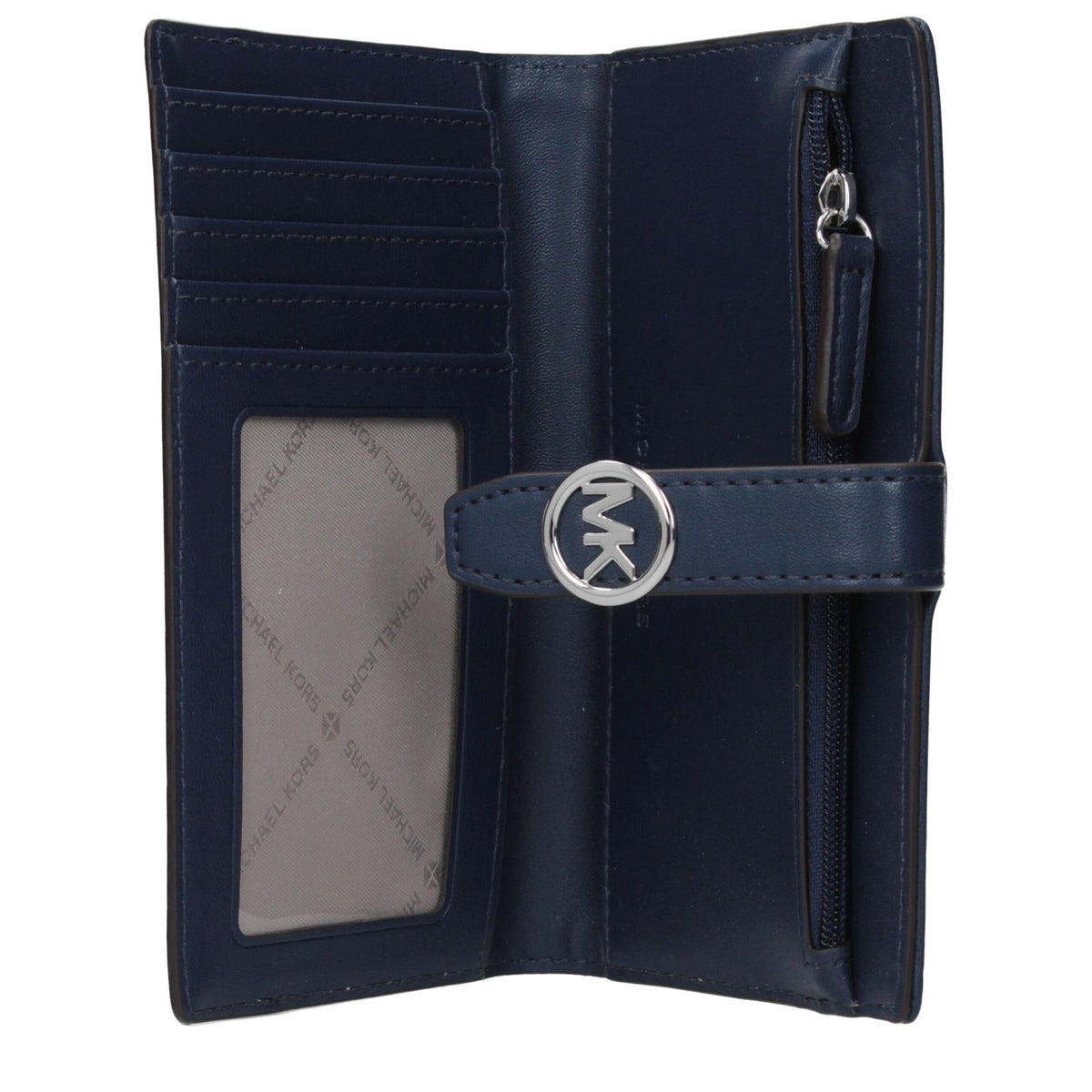 Michael Kors blue fabric wallet with multiple card slots and zippered coin compartment, stylish and functional accessory.