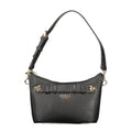 Black Guess Jeans polyurethane women's handbag with sleek design and top handle, featuring stylish stitching and gold-tone hardware.