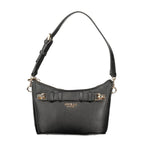 Black Guess Jeans polyurethane women's handbag with sleek design and top handle, featuring stylish stitching and gold-tone hardware.