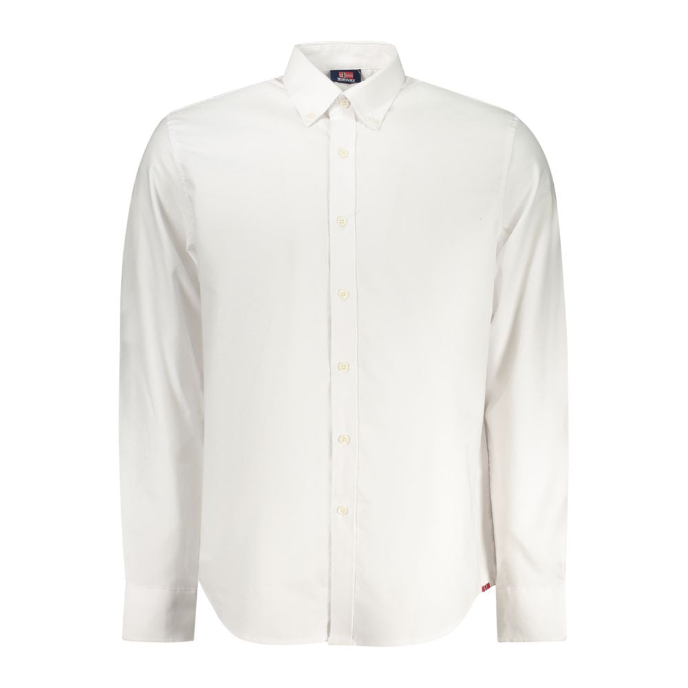 White cotton men's shirt by Norway 1963, featuring a classic fit and button-down collar, shown on a model.