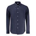Norway 1963 men's blue cotton shirt with a classic fit and button-down collar, displayed on a hanger.