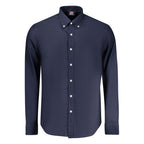 Norway 1963 men's blue cotton shirt with a classic fit and button-down collar, displayed on a hanger.