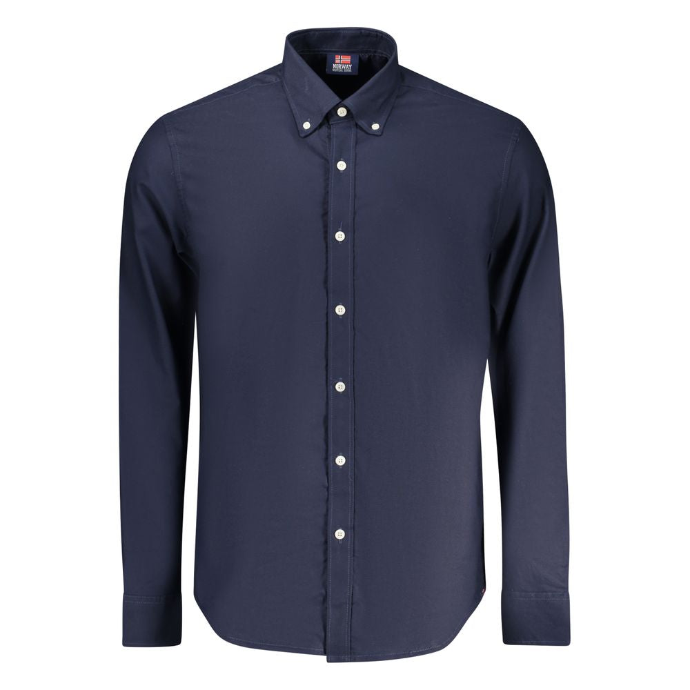 Norway 1963 men's blue cotton shirt with a classic fit and button-down collar, displayed on a hanger.