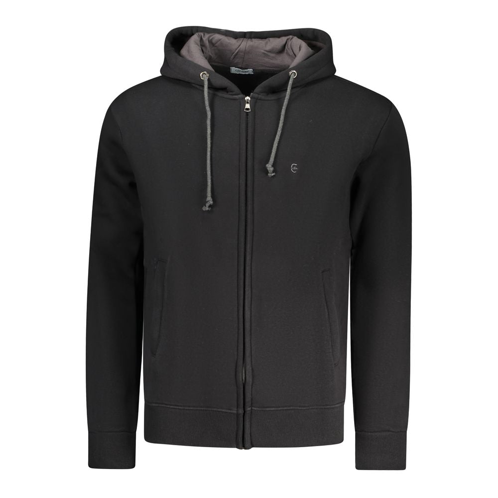 Black cotton men's hooded sweatshirt by Coveri Moving, featuring a casual fit and front pocket, displayed on a hanger.